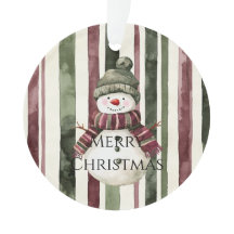 Burgundy Cream Pine Green Stripes Snowman