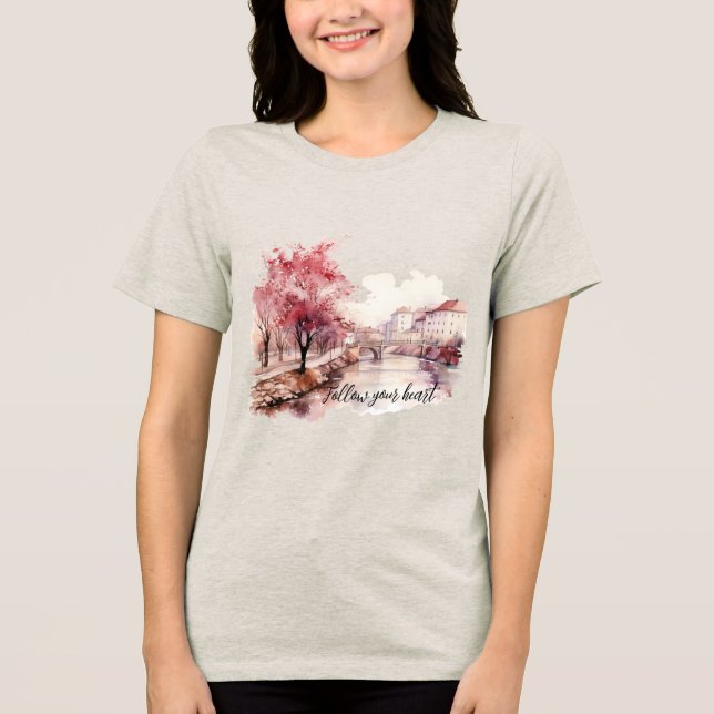 Burgundy Cream Pink Trees Tri-Blend Shirt (Vorderseite)