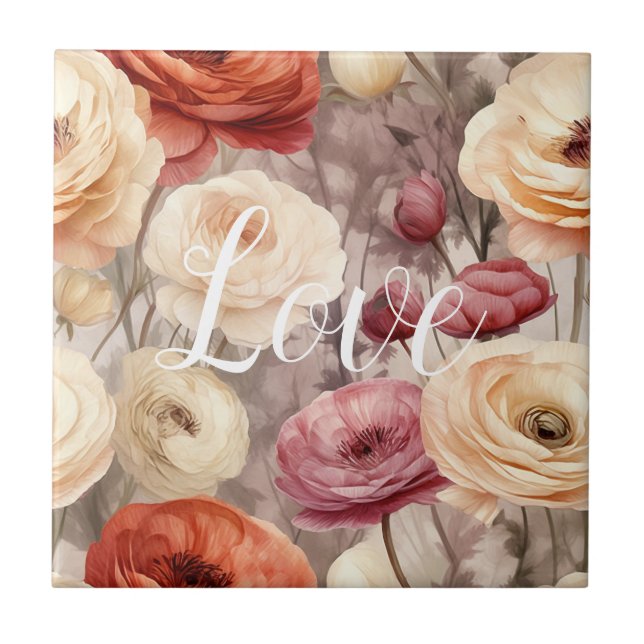 Burgundy Cream Spring Flowers Liebe Fliese (Vorderseite)