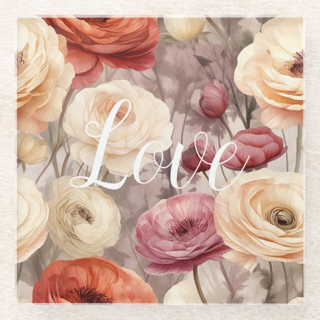 Burgundy Cream Spring Flowers Liebe Glasuntersetzer (Vorderseite)