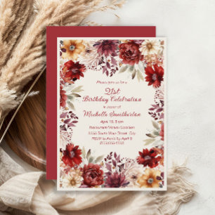 Burgundy Cream Watercolor Floral 21. Geburtstag Einladung