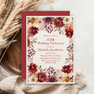 Burgundy Cream Watercolor Floral 40. Geburtstag Einladung