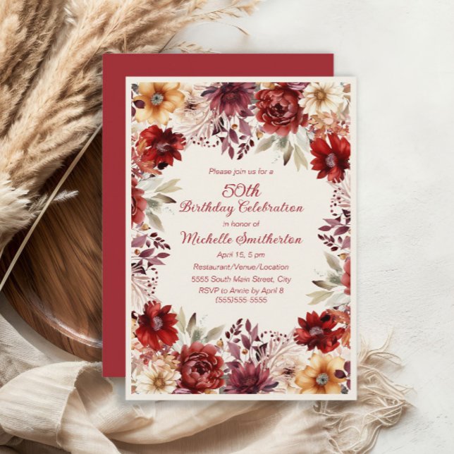 Burgundy Cream Watercolor Floral 50. Geburtstag Einladung (Burgundy and cream floral 50th birthday party invitation)