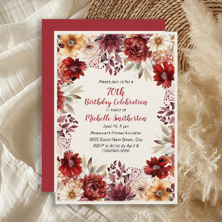 Burgundy Cream Watercolor Floral 70. Geburtstag Einladung