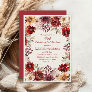 Burgundy Cream Watercolor Floral 80. Geburtstag Einladung