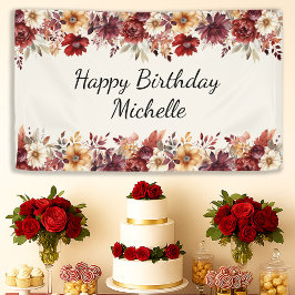 Burgundy Cream Watercolor Floral Happy Birthday Banner