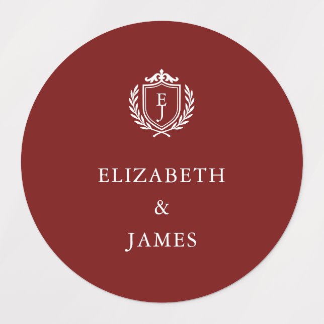 Burgundy Crest Wedding Custom Initials Etiketten (Design 1)