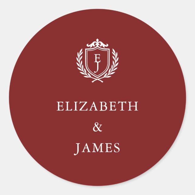 Burgundy Crest Wedding Custom Initials Runder Aufkleber (Vorderseite)