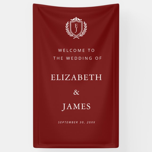 Burgundy Crest Wedding Welcome, Custom Initials Banner (Vertikal)