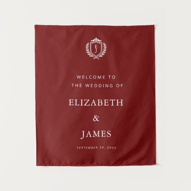 Burgundy Crest Wedding Welcome, Custom Initials Wandteppich (Vorderseite)