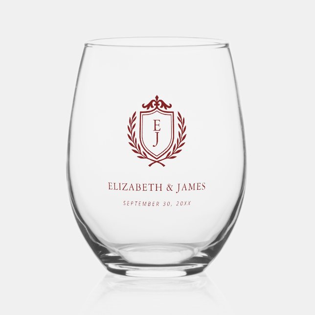 Burgundy Crest Wedding Welcome, Custom Initials Weinglas Ohne Stiel (Rückseite)