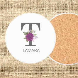 Burgundy Dahlia Floral Alphabet Letter Monogram   Getränkeuntersetzer