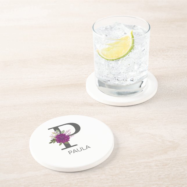 Burgundy Dahlia Floral Alphabet Letter Monogram   Getränkeuntersetzer (Seite)