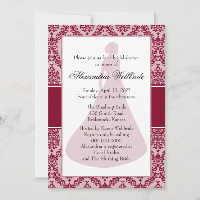 Burgundy Damask Brautparty Einladung (Vorderseite)