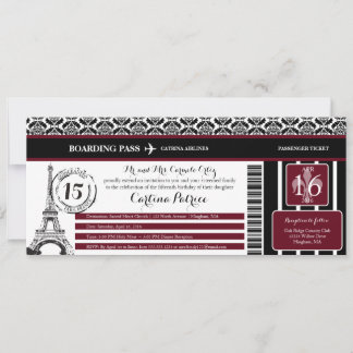 Burgundy Damask Quinceanera Paris Boarding Pass Einladung