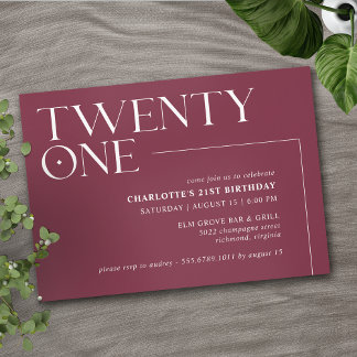 Burgundy Dark Red | Elegant Maroon 21. Geburtstag Einladung