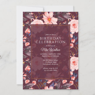 Burgundy Dark Red Floral | Vintag Maroon Birthday Einladung