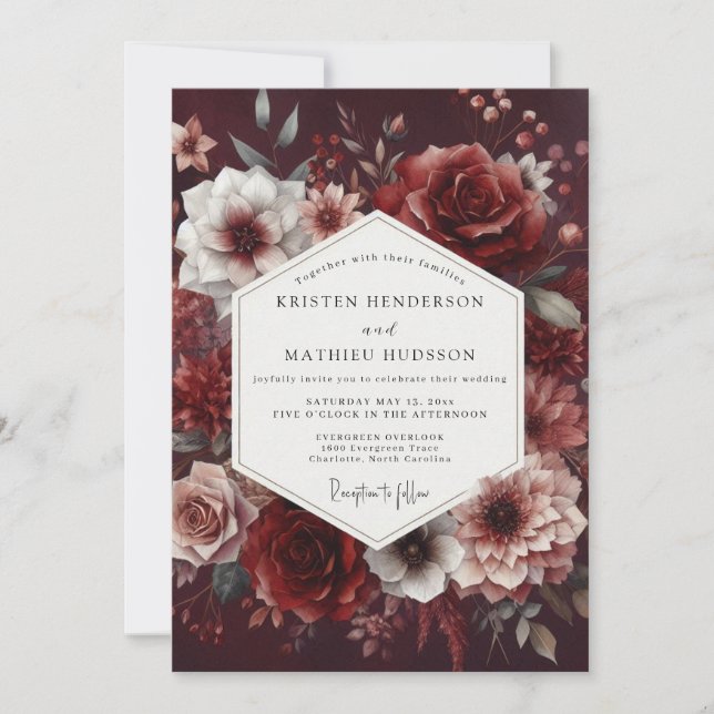 Burgundy Deep Bloom Romance Wedding Einladung (Vorderseite)