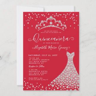 Burgundy Diamond Sparkle Tiara Gown Quinceanera Einladung