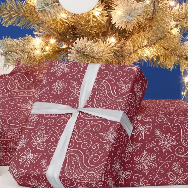 Burgundy Doodle Christmas Sleigh Pattern Geschenkpapier (Von Creator hochgeladen)