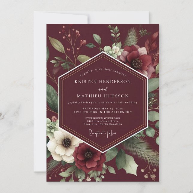 Burgundy Dramatic Anemone Wedding Einladung (Vorderseite)