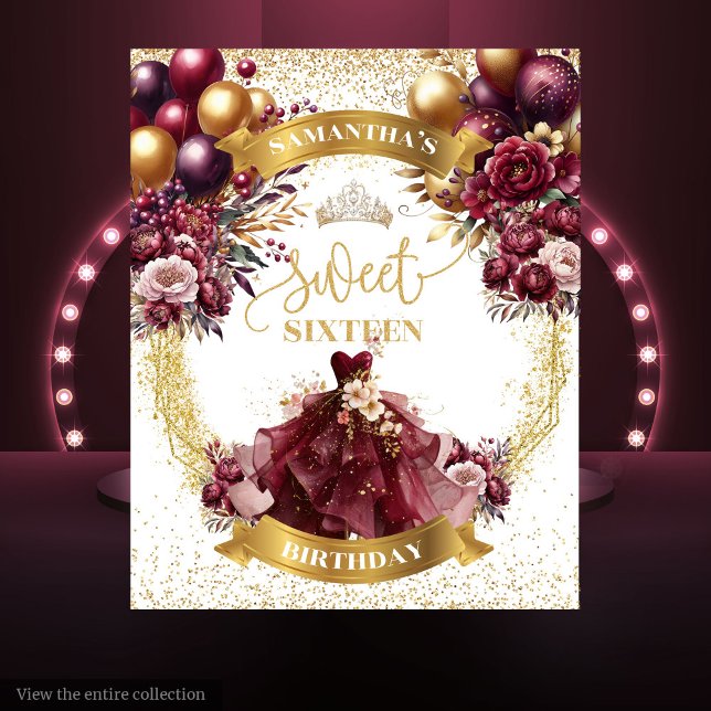 Burgundy Dress 16 . Geburtstag Hintergrund Gold Sp Wandteppich (Burgundy Dress Sweet Sixteen Backdrop Gold Sparkle)