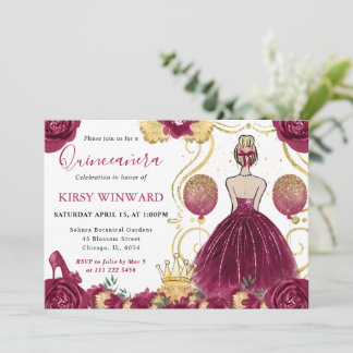 Burgundy Dress Blonde Hair Prinzessin Quinceanera Einladung