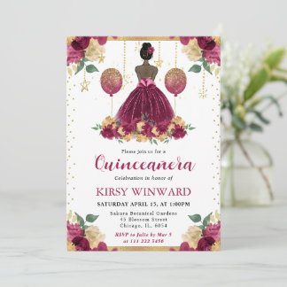 Burgundy Dress Dark Skin Princess Quinceanera Einladung
