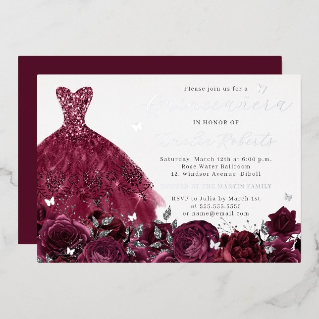 Burgundy Dress Silver Floral Butterfly Folieneinladung (Vorderseite/Rückseite)