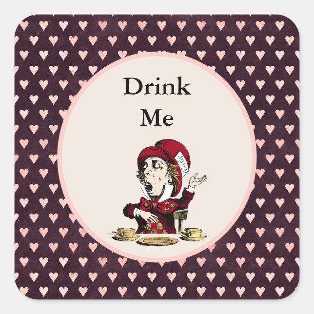 Burgundy Drink Me Mad Hatter Alice im Wunderland Quadratischer Aufkleber (Vorderseite)