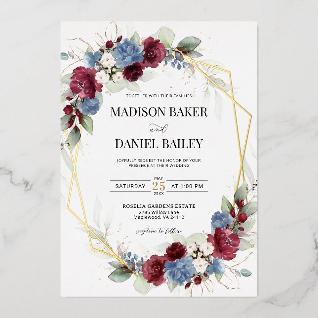 Burgundy Dusty Blue Floral Geometric Folieneinladung (Vorderseite)