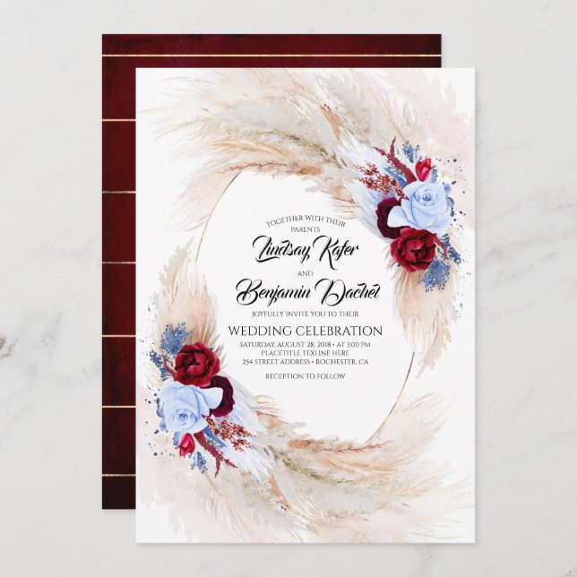 Burgundy & Dusty Blue Floral Pampas Grass Wedding Einladung (Vorne/Hinten)