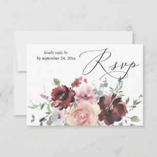 Burgundy & Dusty Blush Pink 5 Blüten mit Mahlzeite RSVP Karte