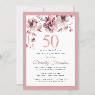 Burgundy Dusty Blush Pink Floral 50. Geburtstag Einladung
