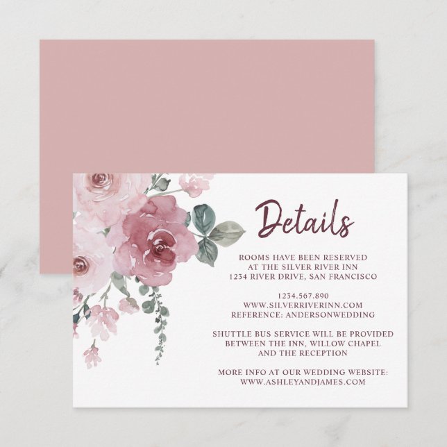 Burgundy Dusty Pink Floral Wedding Details Enclosu Begleitkarte (Vorne/Hinten)