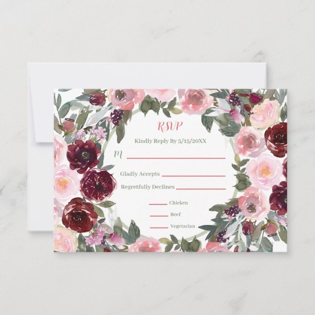 Burgundy Dusty Pink Rose Watercolor Wedding RSVP (Vorderseite)