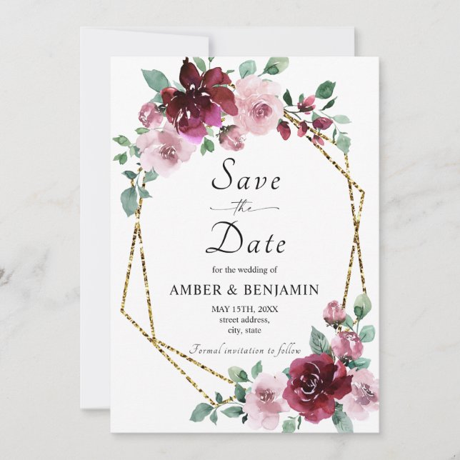 Burgundy Dusty Rose Floral Gold Save the Date Einladung (Vorderseite)