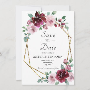 Burgundy Dusty Rose Floral Gold Save the Date Einladung