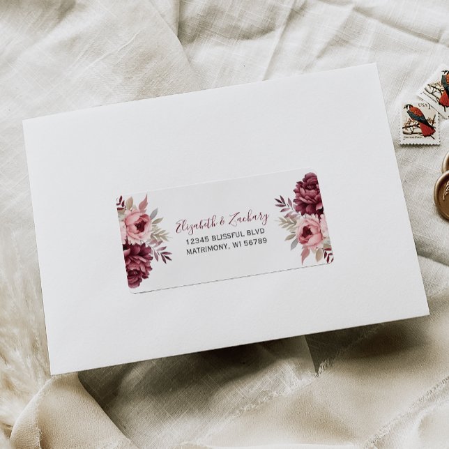 Burgundy Dusty Rose Floral Wedding RSVP-Adresse Adressaufkleber (Von Creator hochgeladen)