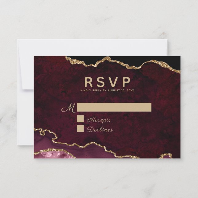 Burgundy Elegance Gold Glitzer Agate Wedding RSVP Karte (Vorderseite)