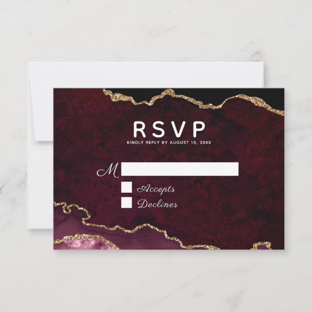 Burgundy Elegance Gold Glitzer Agate Wedding RSVP Karte (Vorderseite)