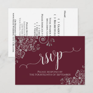 Burgundy Elegant Calligraphy Silver Frills Wedding RSVP Karte