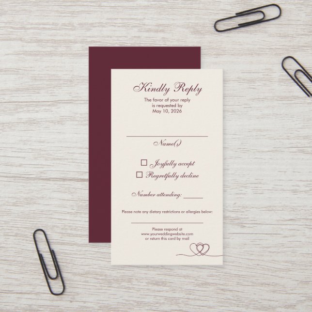 Burgundy Elegant Calligraphy Wedding RSVP Card Visitenkarte (Vorderseite/Rückseite Beispiel)