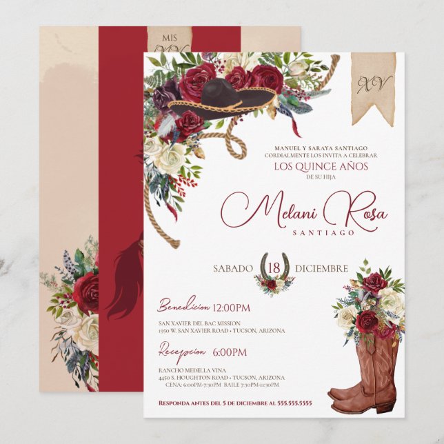 Burgundy Elegant Charro Spanisch Quinceanera Einladung (Vorne/Hinten)