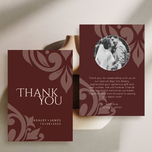 Burgundy Elegant Chic Damask Photo Wedding  Dankeskarte (Von Creator hochgeladen)