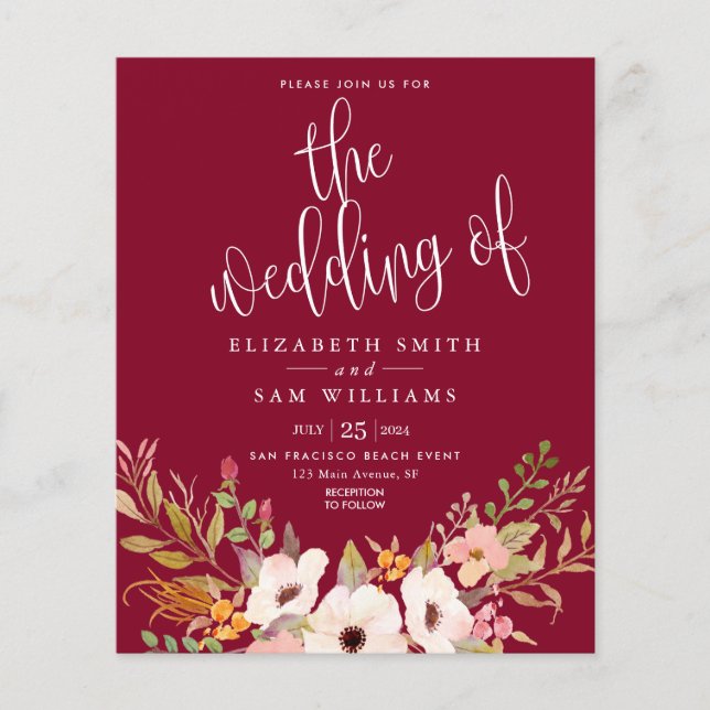 Burgundy Elegant Floral Fall Budget Hochzeit einla Flyer (Vorne)