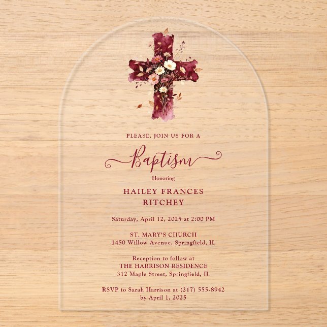 Burgundy Elegant Glitter Floral Cross Baptism Acryleinladungen (Vorderseite)