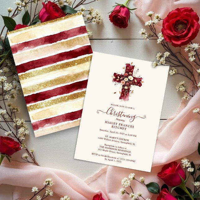 Burgundy Elegant Glitter Floral Cross Baptism Einladung (Burgundy Elegant Glitter Effect Floral Cross Christian Baptism Invitation Card Design.)