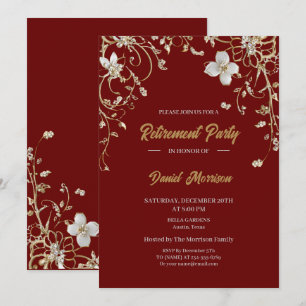 Burgundy Elegant Gold Floral Frame Retirement 2025 Einladung