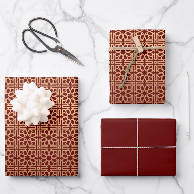 Burgundy Elegant Gold Geometric Arabic Eid Kareem Geschenkpapier Set (Vorderseite)
